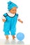 Cute baby boy doll in turquoise jumpsuit and hat with blue balloon.