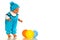 Cute baby boy doll in turquoise jumpsuit and hat with colorful balloons