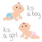 Cute baby boy and girl crawling in pink blue diaper icon set. Its a boy. Its a girl. Isolated. White background. Baby shower. Cart