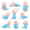 Cute baby boy. Infant in diaper with different poses and emotions happy and sad. Child playing and crying, crawling