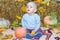 Cute baby boy with pumpkins and corn in autumn garden around fall leaves. A nine-month-old boy with blond hair and blue eyes