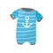 Cute baby boy romper with short sleeves and anchor print. Blue striped bodysuit for newborn child. Adorable kids garment