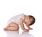 Cute baby boy toddler infant in white body crawling on floor looking down isolated on white background. Happy infancy concept