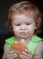 Cute baby with bread in her hands eating. Cute toddler child eating sandwich, self feeding concept. Funny child face.