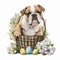 Cute Baby Bulldog Easter sit on the basket with Easter - Generative AI