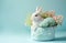 Cute baby bunny with flowers on blue background. Cute fluffy rabbit. Animal Easter symbol concept. Generative AI