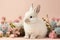 Cute baby bunny with flowers on pink background. Cute fluffy rabbit. Animal Easter symbol concept. Generative AI
