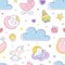Cute Baby Care Vector Seamless Pattern with Cloud and Pram
