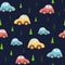Cute baby cars pattern seamless kids background Colorful cartoon cars on dark blue. Baby boys design vector