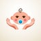 Cute baby cartoon vector flat icon, adorable happy child with nipple emoji. With mother or nanny tender hands of care. Can be used