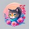 cute baby cat kitten as ninja in adorable pose with light background and colorful floral foreground
