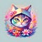 cute baby cat kitten as ninja in adorable pose with light background and colorful floral foreground