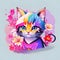 cute baby cat kitten as ninja in adorable pose with light background and colorful floral foreground