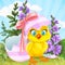 Cute baby chick hatched from an Easter egg on a green lawn with