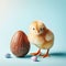 Cute baby chick standing next to chocolate Easter egg, with pale blue background