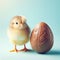 Cute baby chick standing next to chocolate Easter egg, with pale blue background