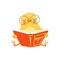 Cute baby chicken in glasses sitting on the floor and reading a book, funny cartoon bird character vector Illustration