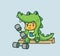 cute baby crocodile costume lifting dumbbell. cartoon animal sports concept  illustration. Flat Style suitable for Sticker