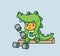 cute baby crocodile costume lifting dumbbell. cartoon animal sports concept Isolated illustration. Flat Style suitable for Sticker