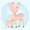 Cute baby deer and mother hand drawn animal illustration watercolor on blue