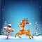 Cute baby deer running with a north pole wooden sign