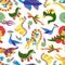 Cute baby dinosaurus pattern. Dinosaur cartoon jurassic predator vector background