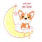 Cute baby dog on moon. Good night and sweet dreams. Little corgi puppy on crescent