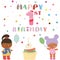 Cute baby dolls with baloons, cupcake and candle. Happy 1st birthday note