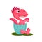 Cute baby dragon in broken egg shell. Pink fantastic animal with small wings. Flat vector design