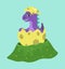 Cute baby dragon hatched from one egg. Small animal smiling happily while sitting in a shell