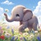 A cute baby elephant in cartoon style, at a beautiful field of wildflowers, blue Sky, clouds, digital anime art