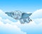 Cute baby elephant flying on cloud background