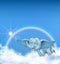 Cute baby elephant flying on rainbow background