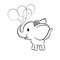 Cute baby elephant holding balloons in trunk on white background. Colouring page.