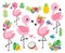 Cute Baby Flamingos and Tropical Flowers Vector Illustration