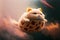 Cute baby fluffy cat flying in mystic sky through colorful clouds galaxy in the world of fantasy with Generative AI