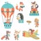 Cute Baby Forest Animals Traveling Theme Old Fashion Retro Flat Vector Illustration Design Elements Isolated on White