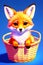 a cute baby fox in a basket pixar style big reflective eyes aquarelle blurred background generated by ai