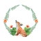 Cute baby fox in cloudberry and green twigs wreath. Kid watercolor illustration on white backrround.