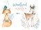 Cute baby fox and deer animal for kindergarten, nursery isolated illustration for children clothing, pattern