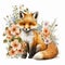 Cute Baby Fox Floral,Wildlife,Innocent, Playful, Charming, Spring Flowers, illustration ,clipart, isolated on white background