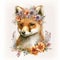 Cute Baby Fox and Florals: Watercolor with Boho Crown, Isolated on White background - Generative AI
