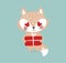 A cute baby fox with loving eyes is holding a red gift. Romantic animal character isolated flat vector illustration. Simple clip