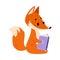 Cute baby fox reading book. Funny smart wild animal character sitting with book cartoon vector illustration