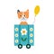 Cute baby fox sitting on locomotive wagon with yellow balloon