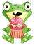 Cute baby frog holding a cupcake with the strawberries, illustration, vector