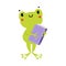 Cute baby frog standing with book. Funny smart amphibian animal character. Kids education concept cartoon vector