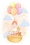 Cute Baby Girl with Bunny Teddy Bear Giraffe Riding Hot Air Balloon