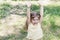 cute baby girl catches a lot of soap bubbles on a summer day