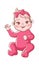 Cute baby girl. Infant blond smiling toddler in pink clothes and ribbon sitting and waving hand. Happy newborn vector